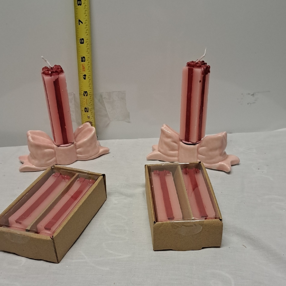 Creative Co-Op Pink and Red Striped Candles with Bow Holders
